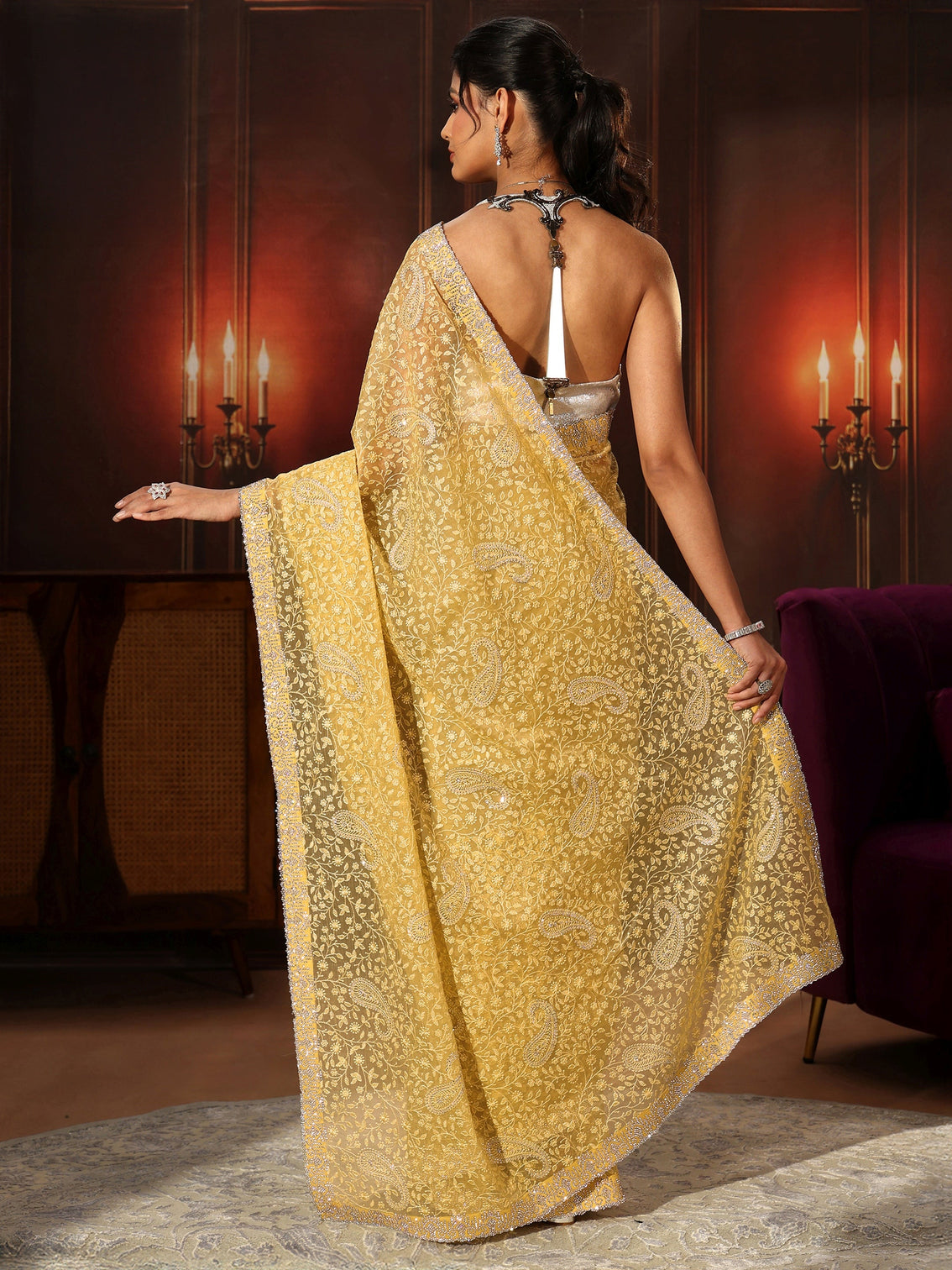 Mameraa Art Sunshine Yellow Floral Embroidered Chiffon Saree