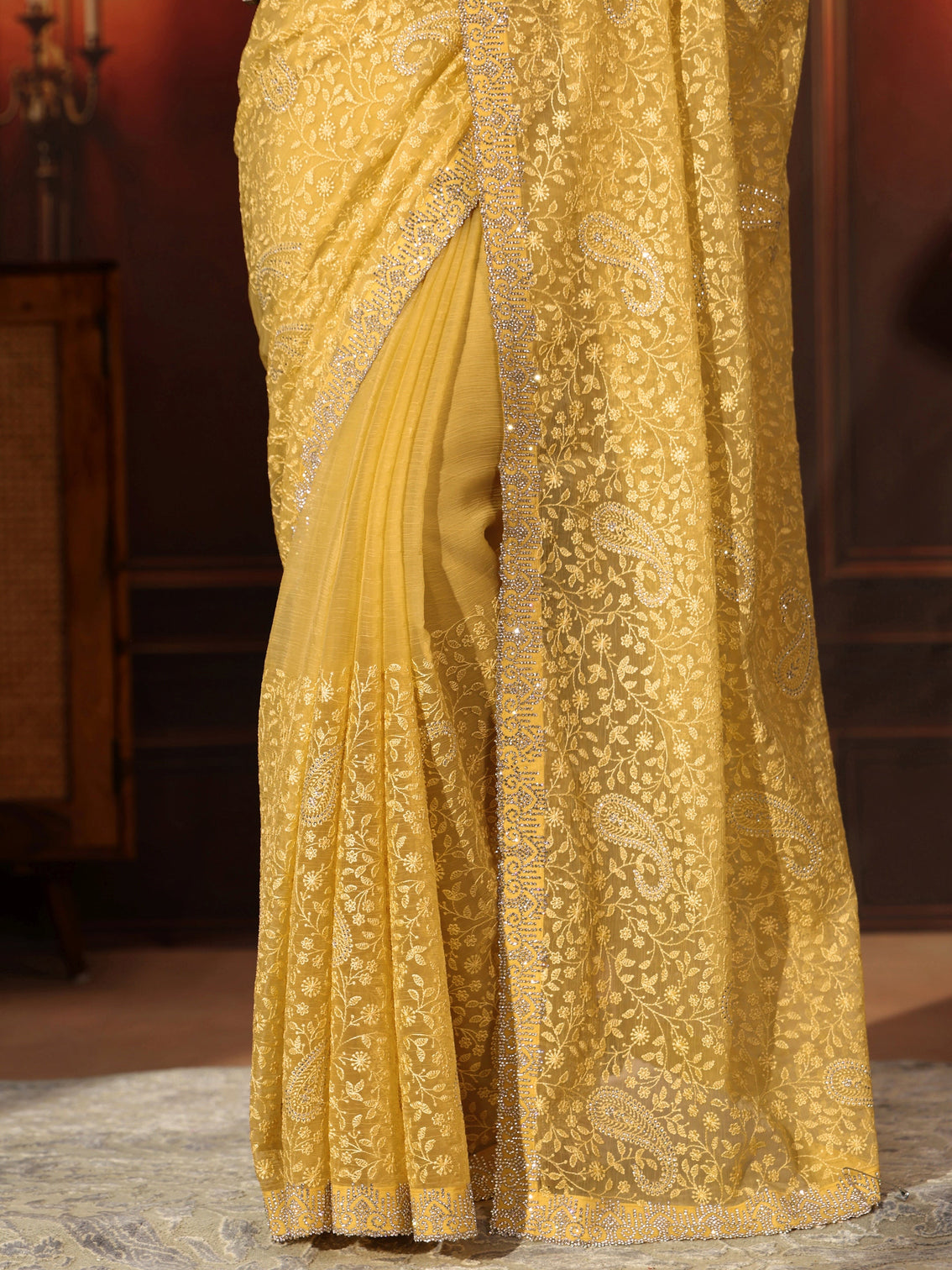 Mameraa Art Sunshine Yellow Floral Embroidered Chiffon Saree
