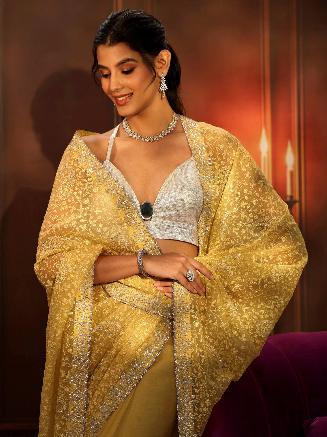 Mameraa Art Sunshine Yellow Floral Embroidered Chiffon Saree