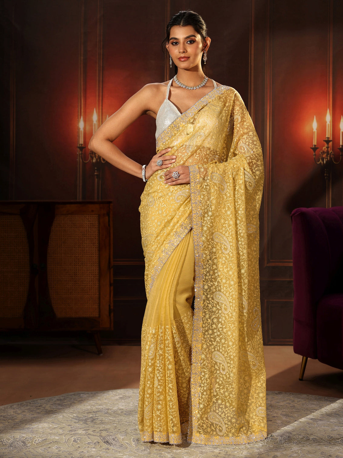 Mameraa Art Sunshine Yellow Floral Embroidered Chiffon Saree