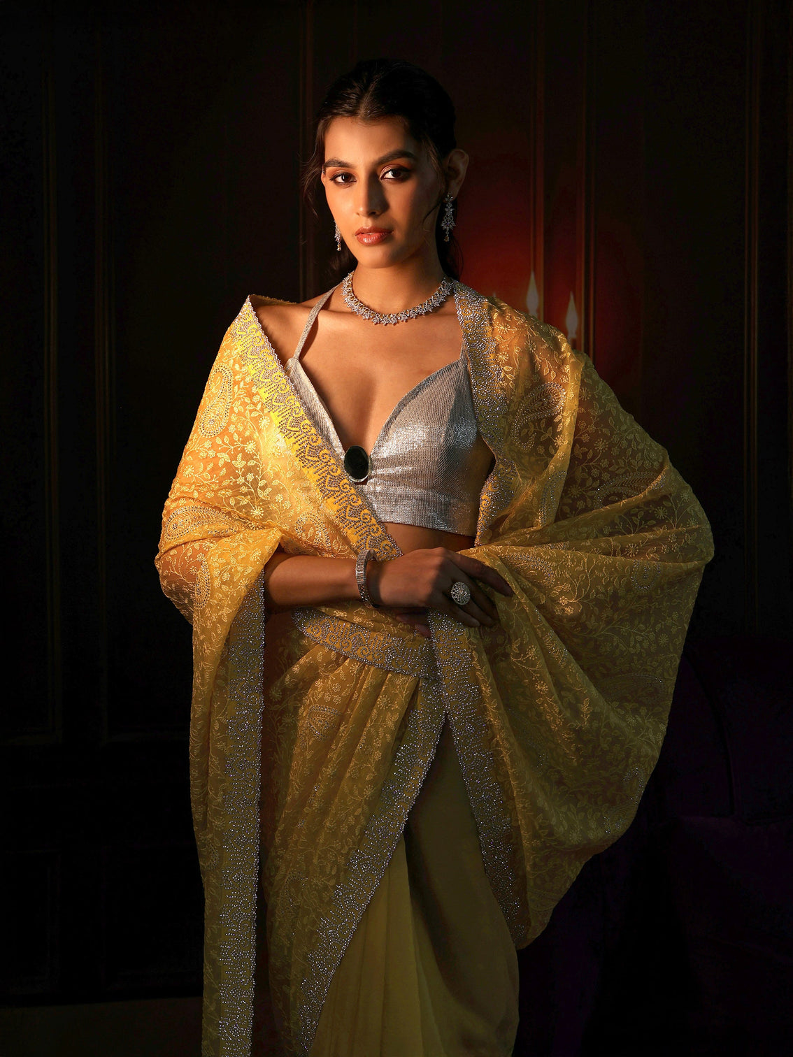 Mameraa Art Sunshine Yellow Floral Embroidered Chiffon Saree