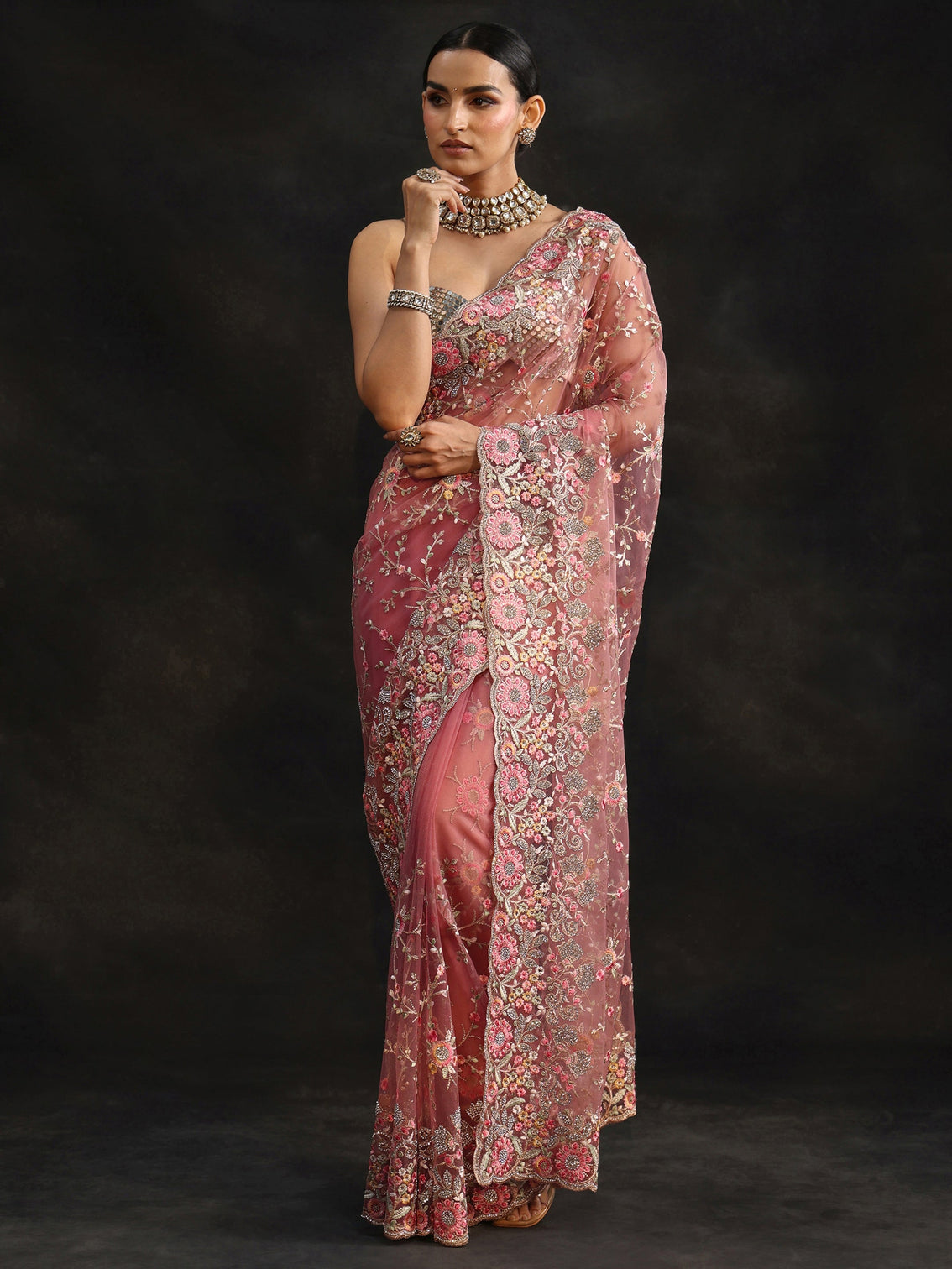 Mameraa Art Peach Pink Floral Embellished Net Saree