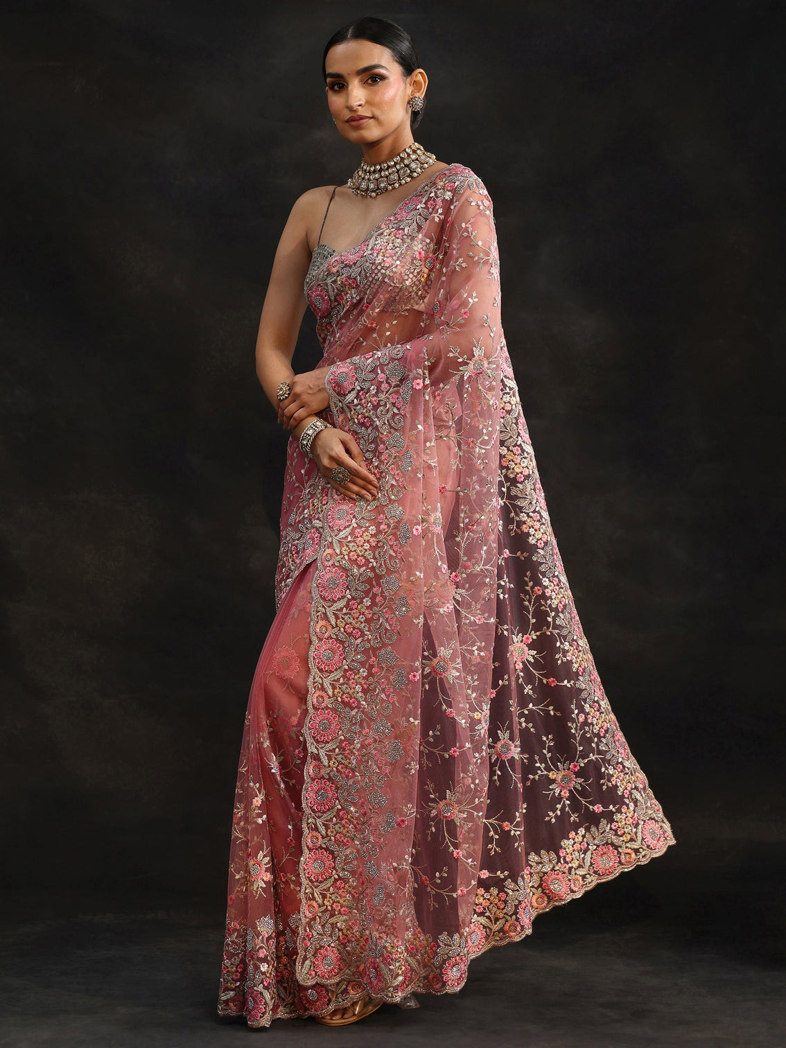 Mameraa Art Peach Pink Floral Embellished Net Saree
