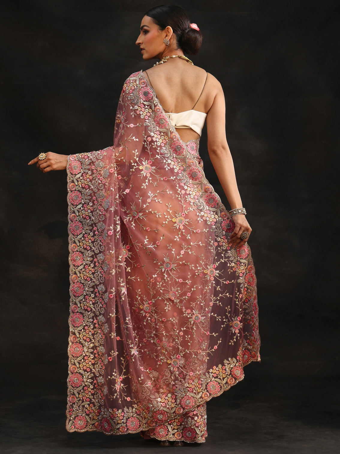 Mameraa Art Peach Pink Floral Embellished Net Saree