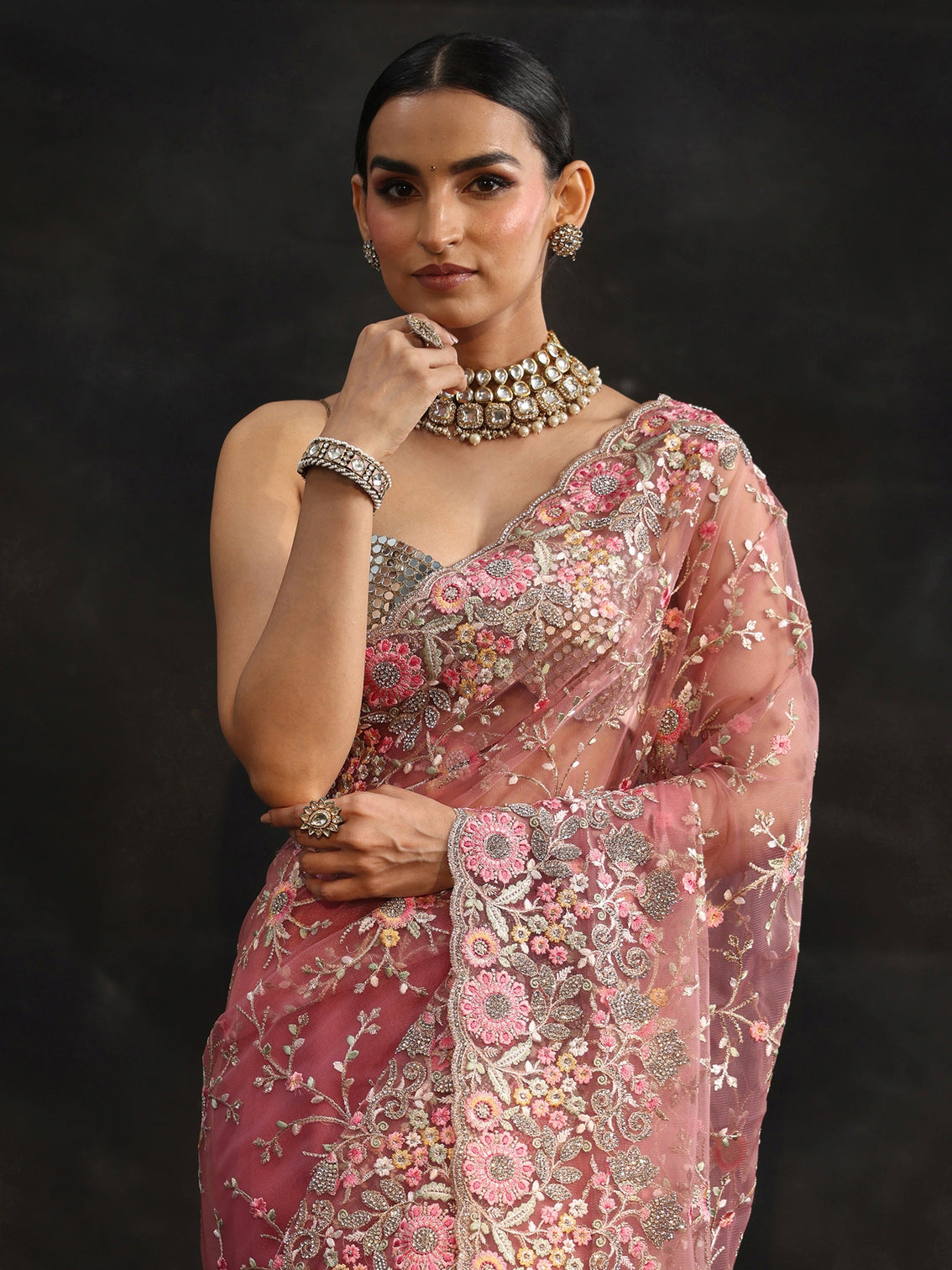 Mameraa Art Peach Pink Floral Embellished Net Saree