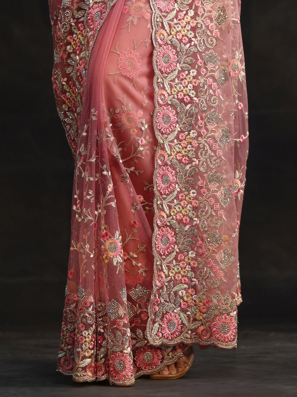 Mameraa Art Peach Pink Floral Embellished Net Saree