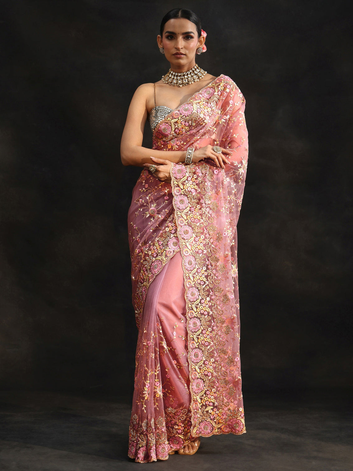 Mameraa Art Mauve Floral Embellished Net Saree