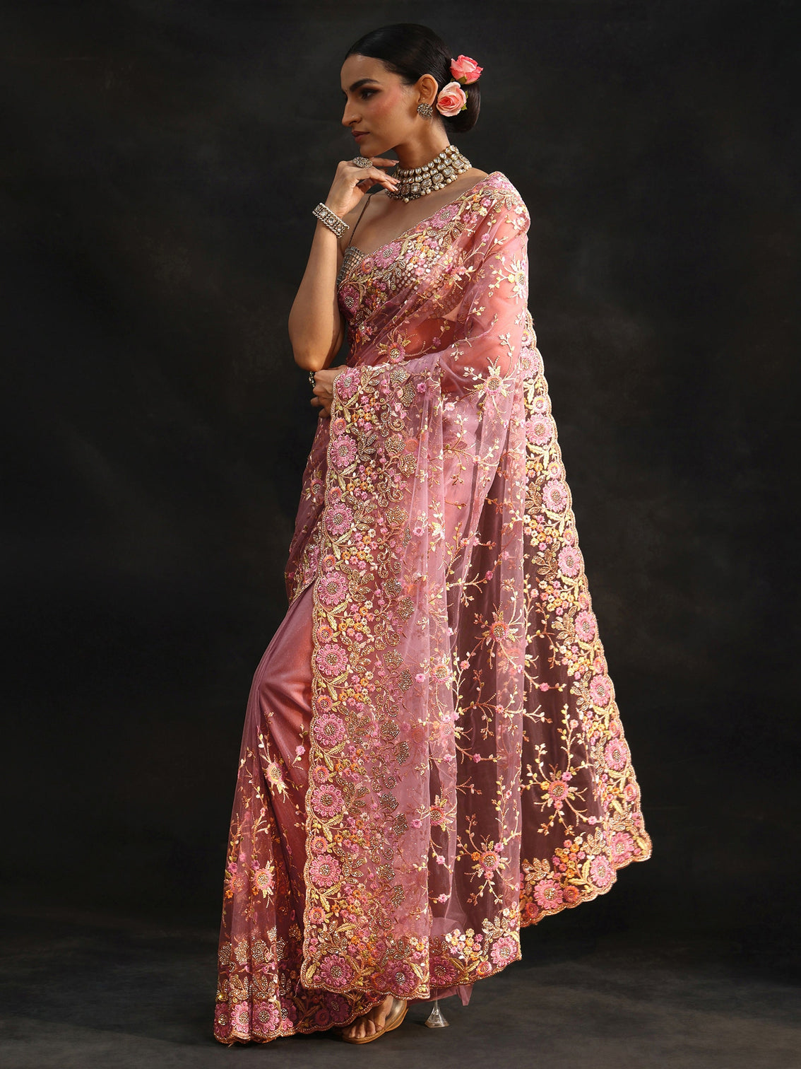 Mameraa Art Mauve Floral Embellished Net Saree