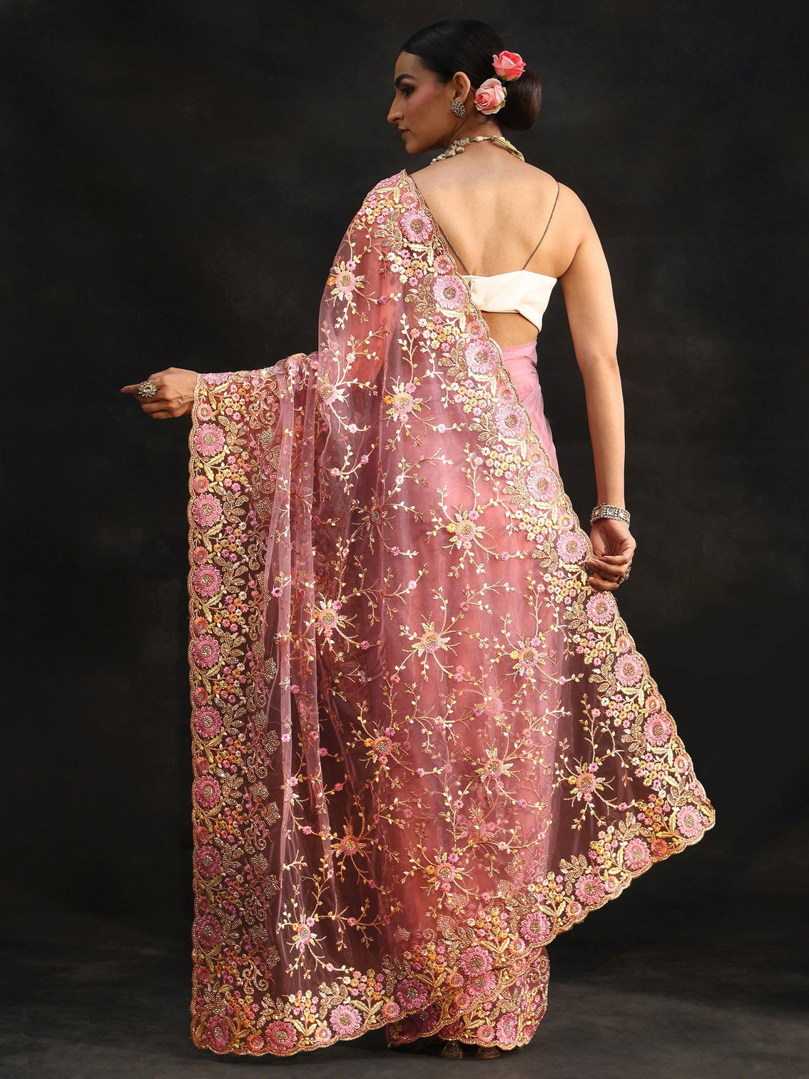 Mameraa Art Mauve Floral Embellished Net Saree