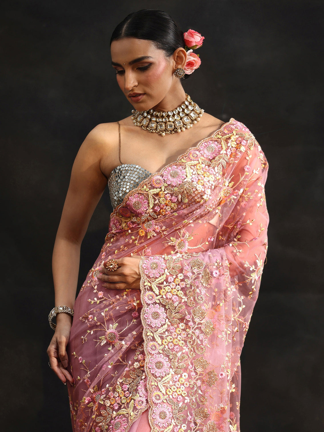 Mameraa Art Mauve Floral Embellished Net Saree