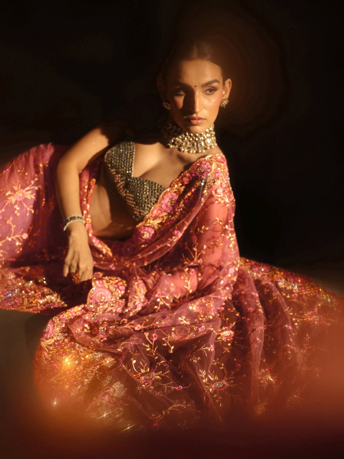 Mameraa Art Mauve Floral Embellished Net Saree