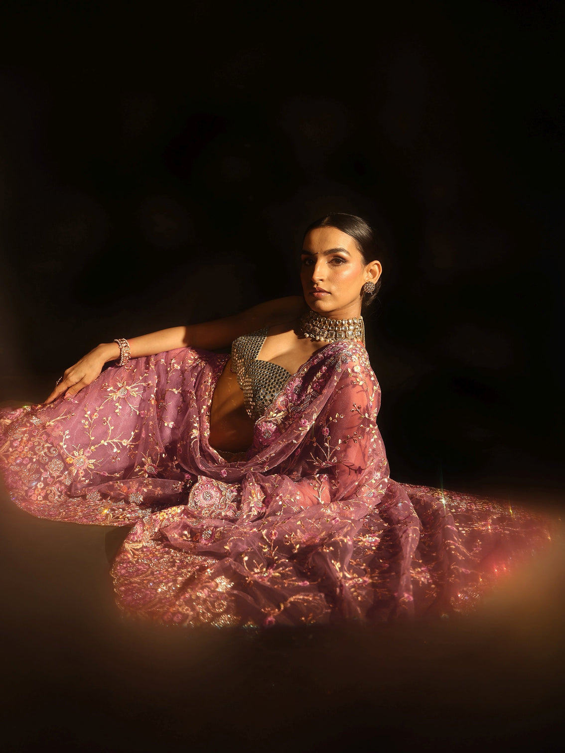 Mameraa Art Mauve Floral Embellished Net Saree
