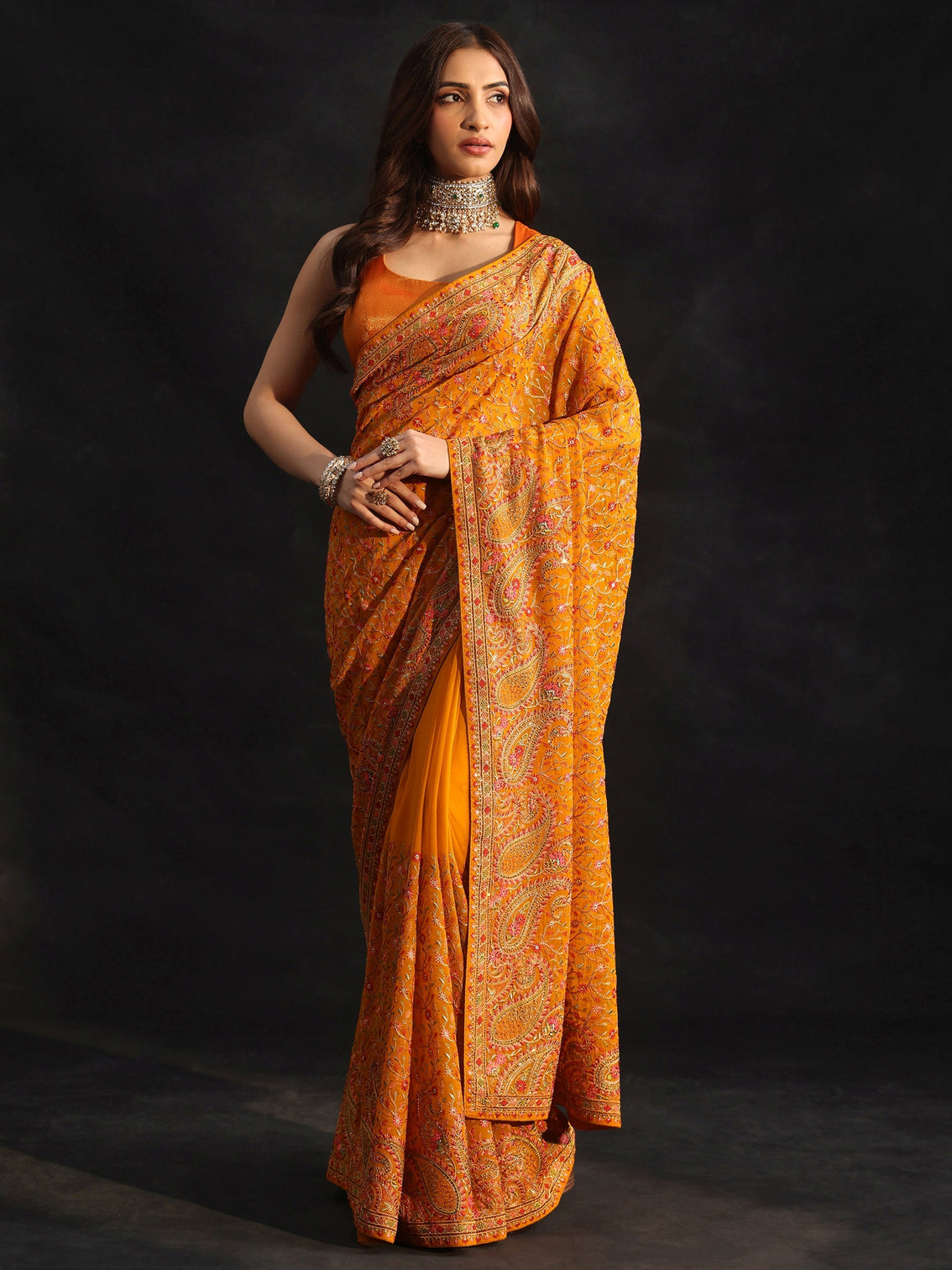 Mameraa Art Mustard Paisley Embroidered Georgette Saree