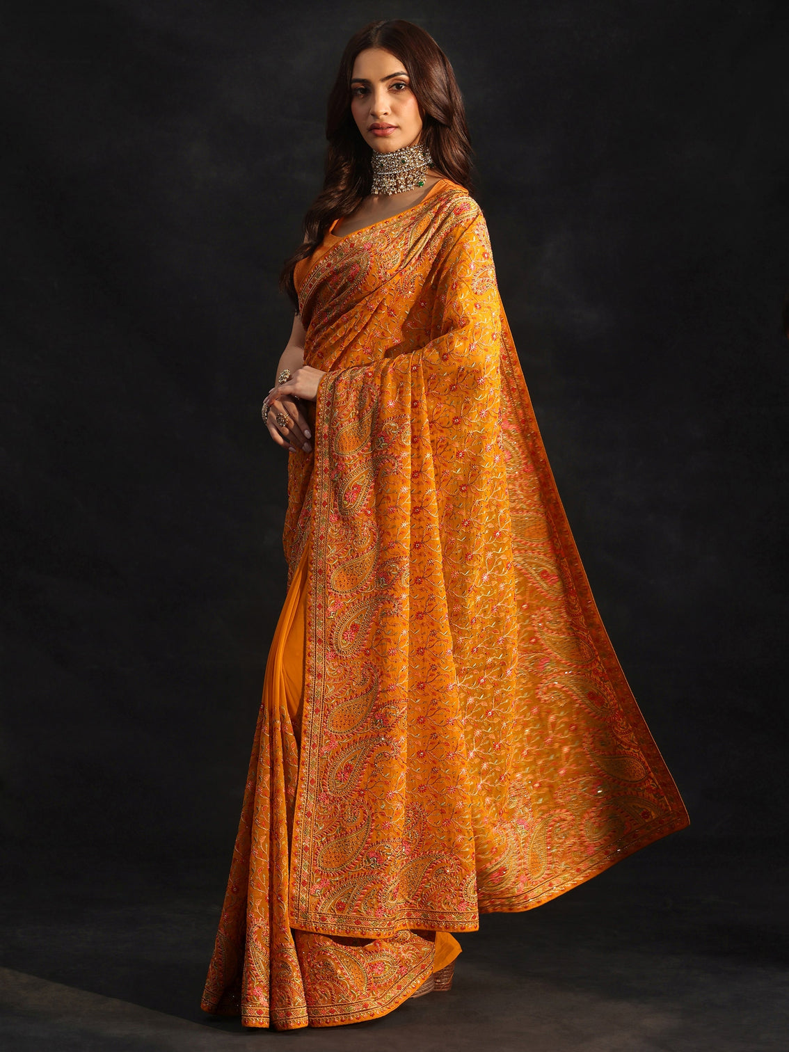 Mameraa Art Mustard Paisley Embroidered Georgette Saree