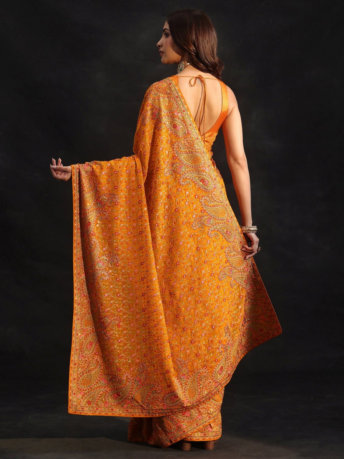 Mameraa Art Mustard Paisley Embroidered Georgette Saree