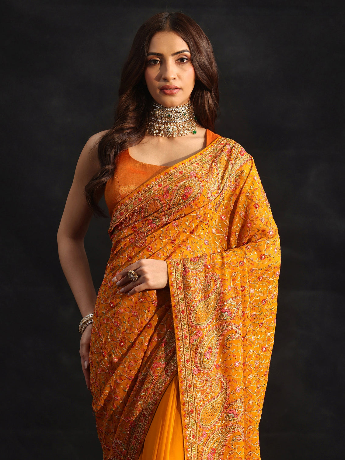 Mameraa Art Mustard Paisley Embroidered Georgette Saree