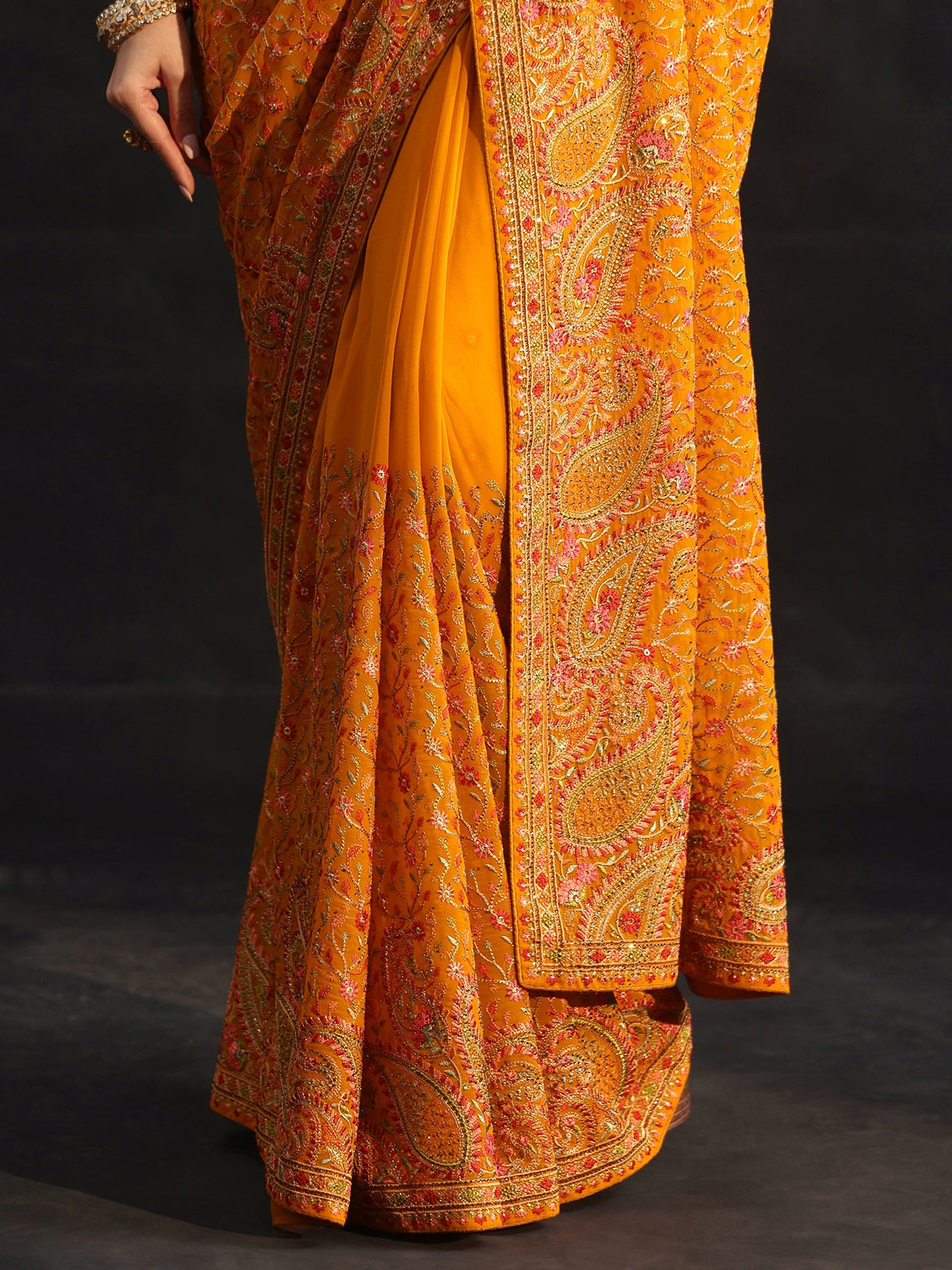 Mameraa Art Mustard Paisley Embroidered Georgette Saree
