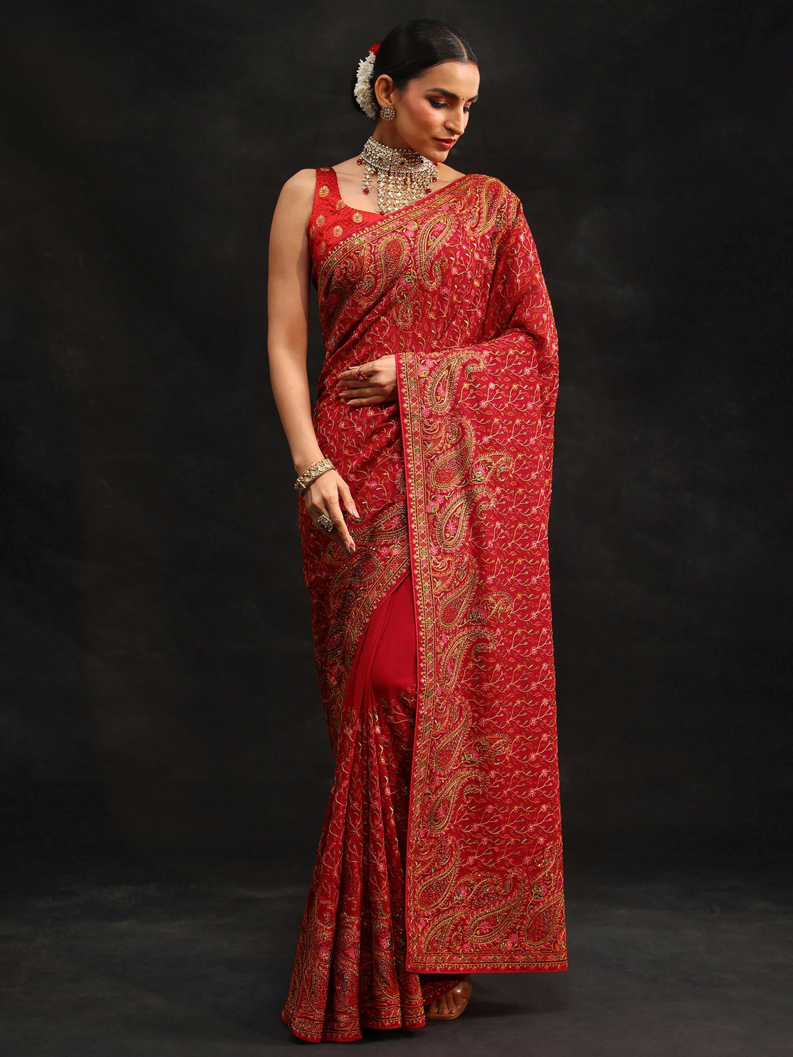 Mameraa Art Crimson Red Paisley Embroidered Georgette Saree
