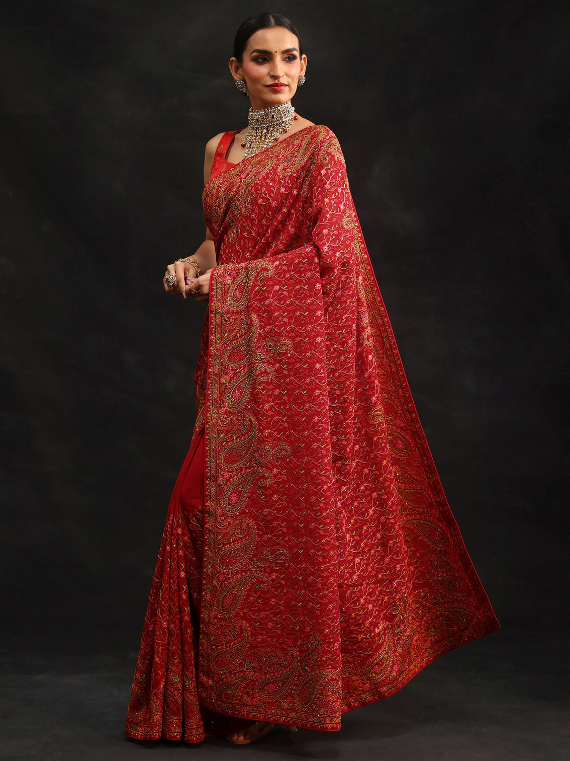 Mameraa Art Crimson Red Paisley Embroidered Georgette Saree