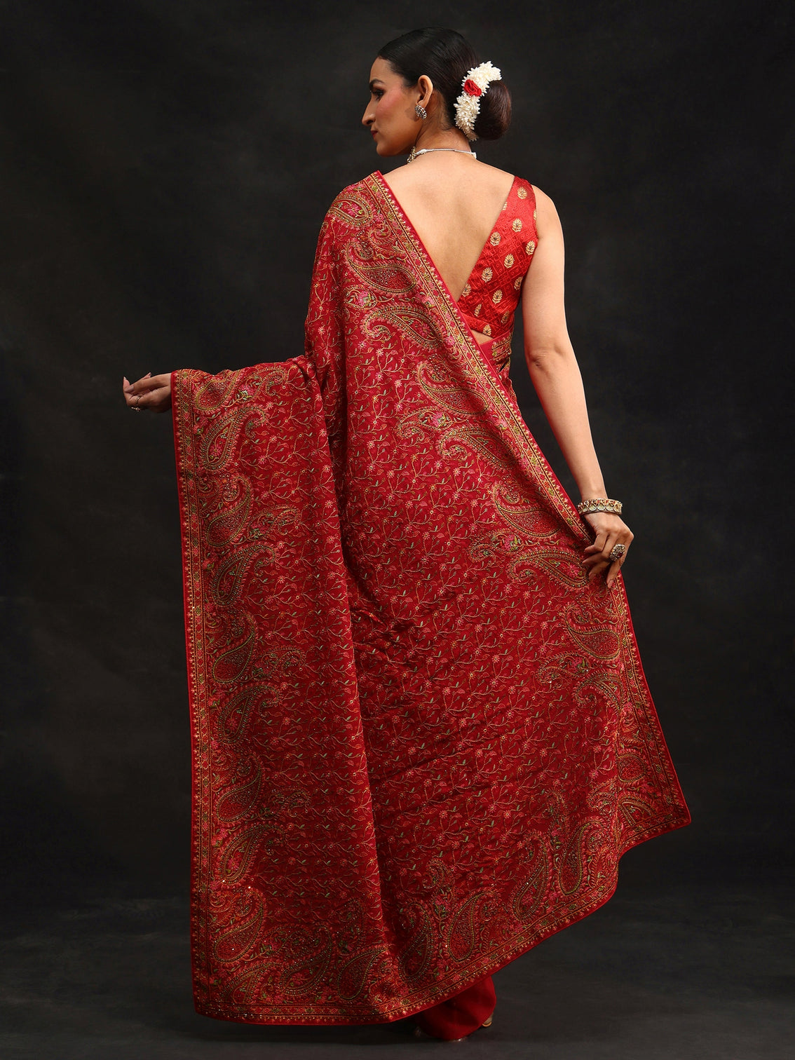 Mameraa Art Crimson Red Paisley Embroidered Georgette Saree