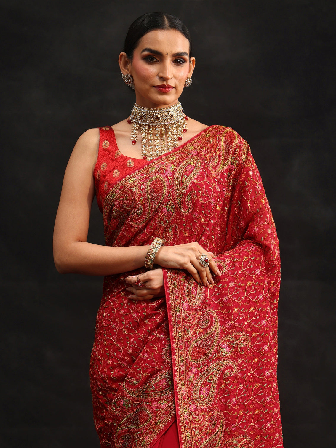 Mameraa Art Crimson Red Paisley Embroidered Georgette Saree