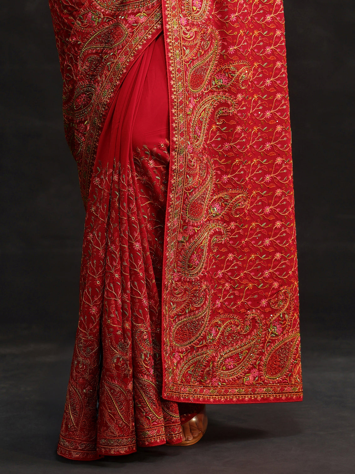 Mameraa Art Crimson Red Paisley Embroidered Georgette Saree