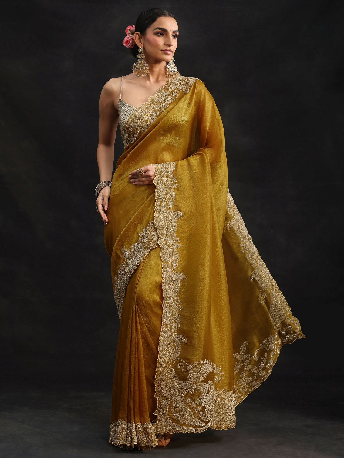 Mameraa Art Mustard Net Saree with Paisley Border