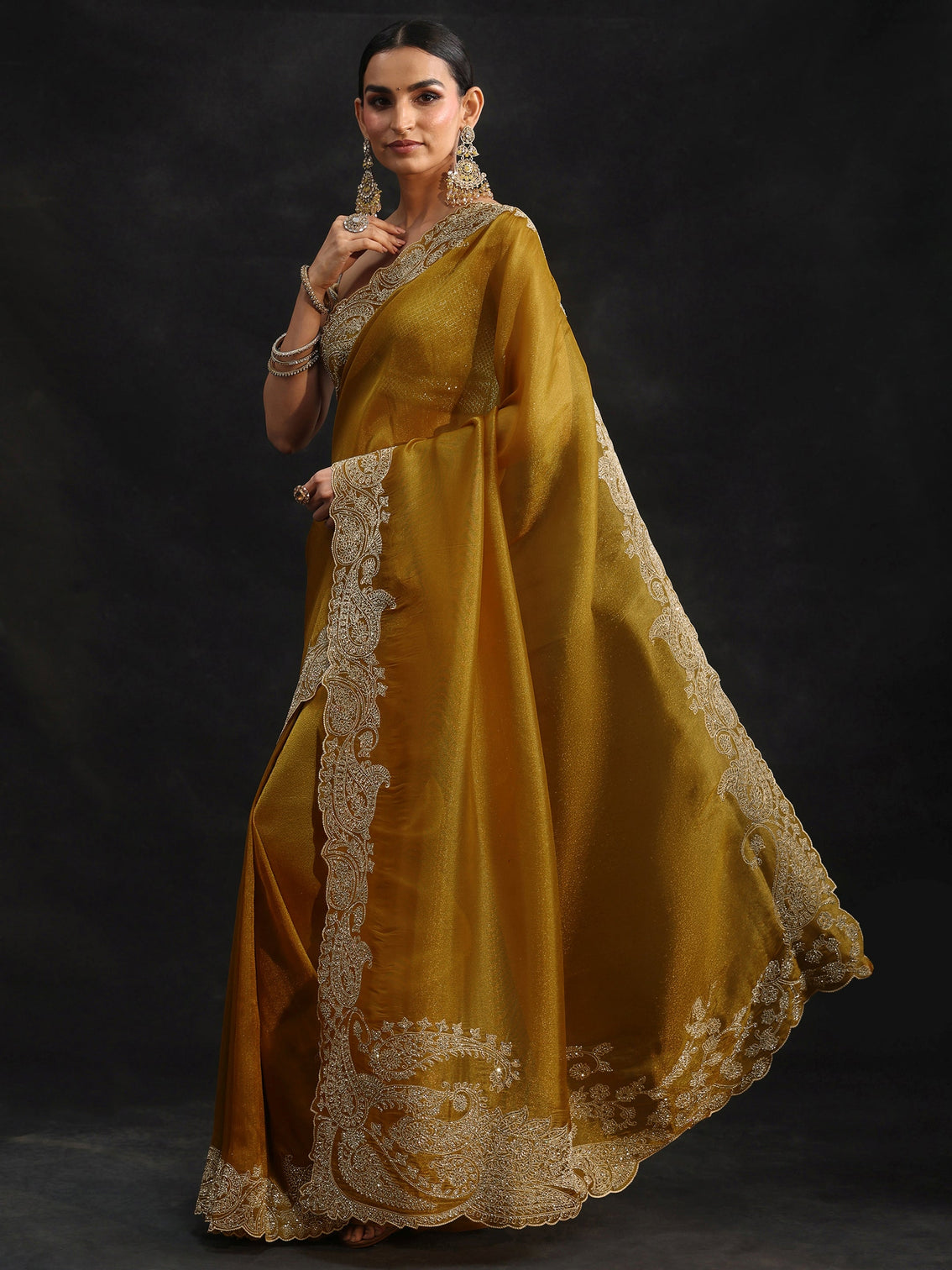 Mameraa Art Mustard Net Saree with Paisley Border