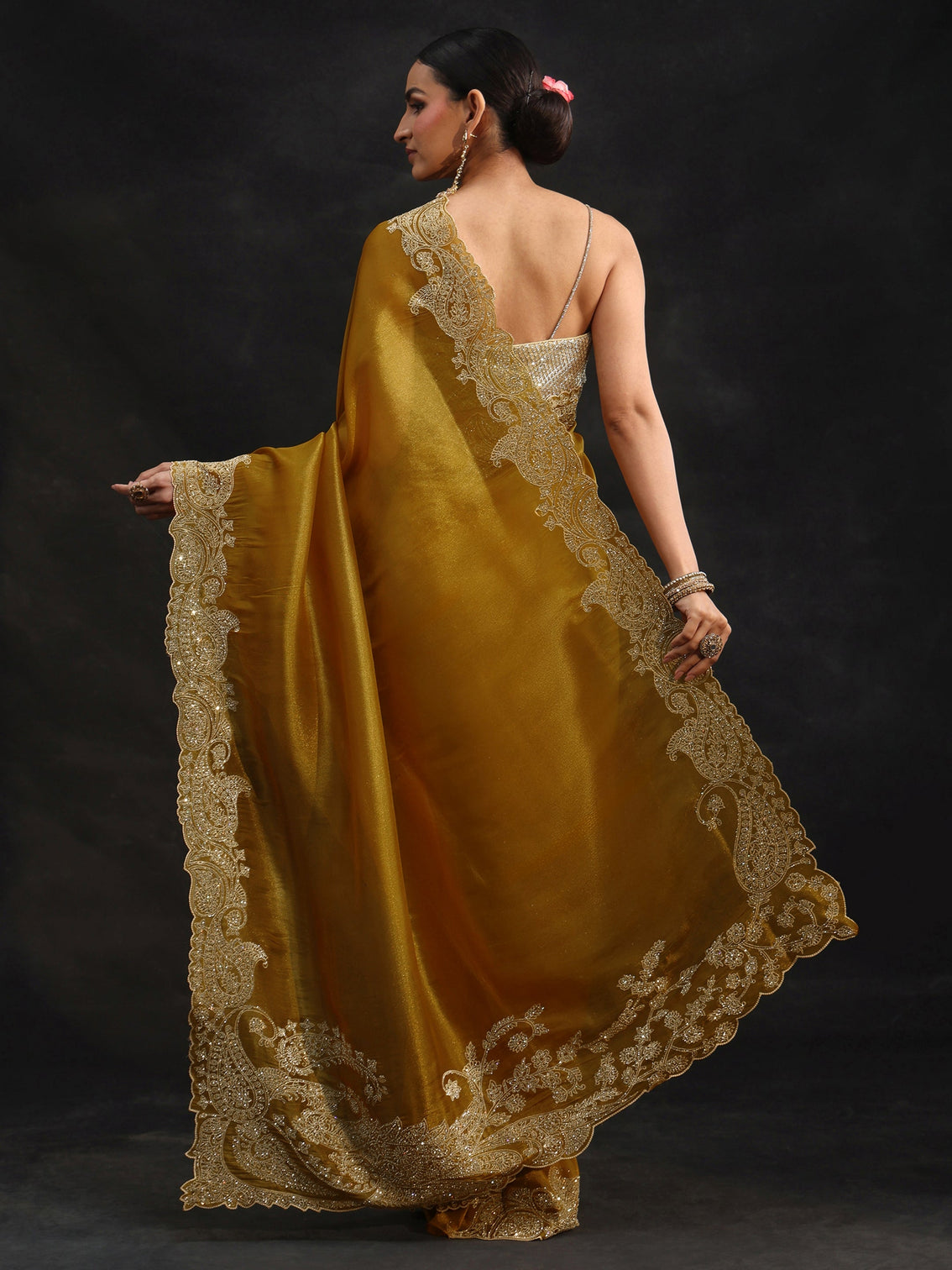 Mameraa Art Mustard Net Saree with Paisley Border