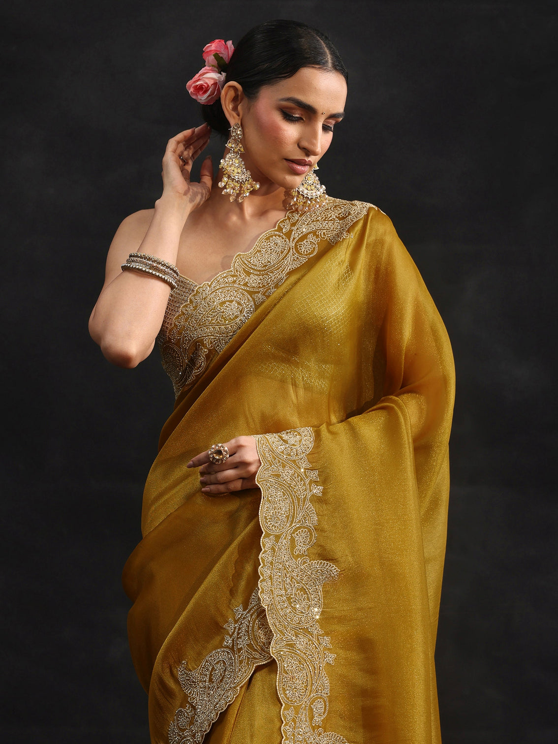 Mameraa Art Mustard Net Saree with Paisley Border