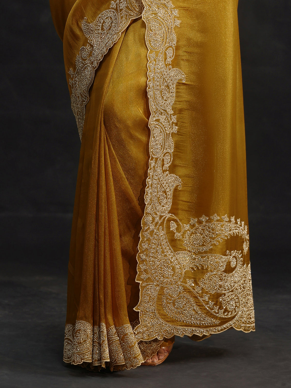 Mameraa Art Mustard Net Saree with Paisley Border