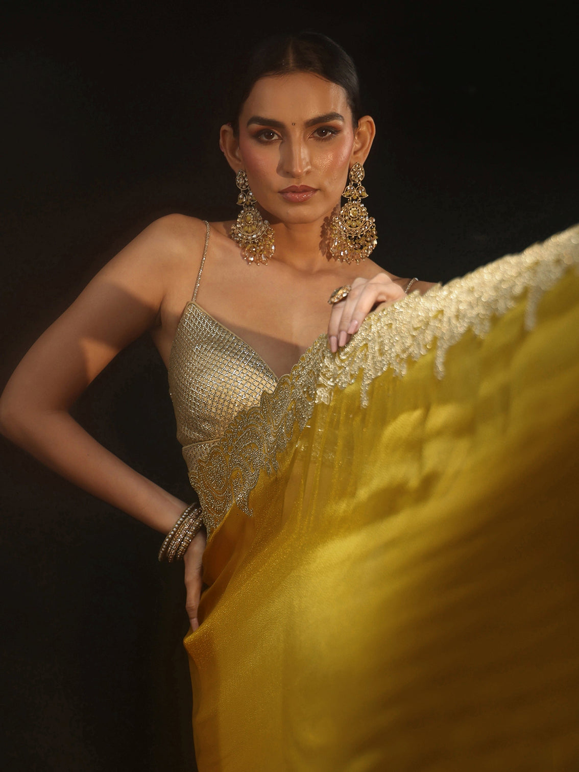 Mameraa Art Mustard Net Saree with Paisley Border