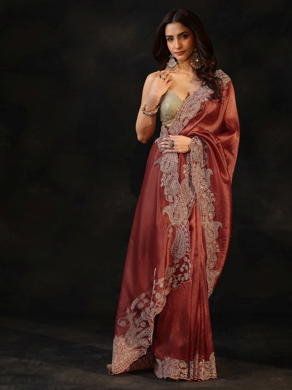Mameraa Art Dusty Rose Pink Net Saree with Paisley Border