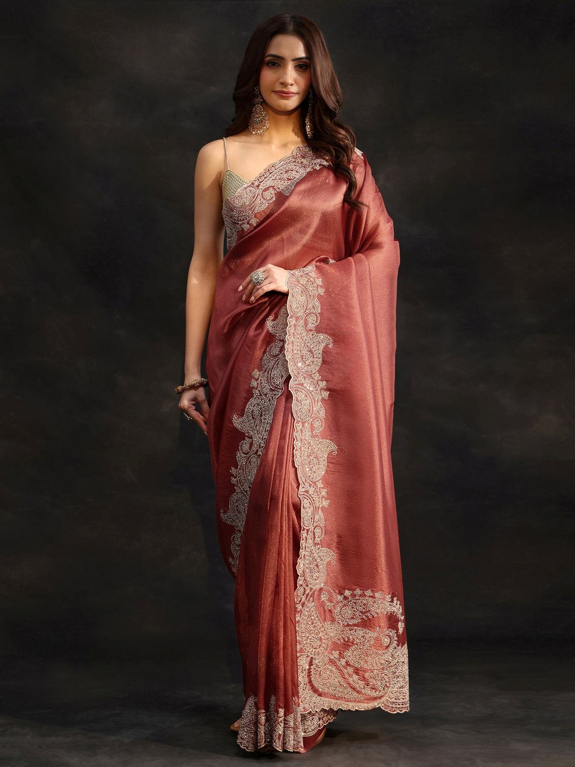 Mameraa Art Dusty Rose Pink Net Saree with Paisley Border