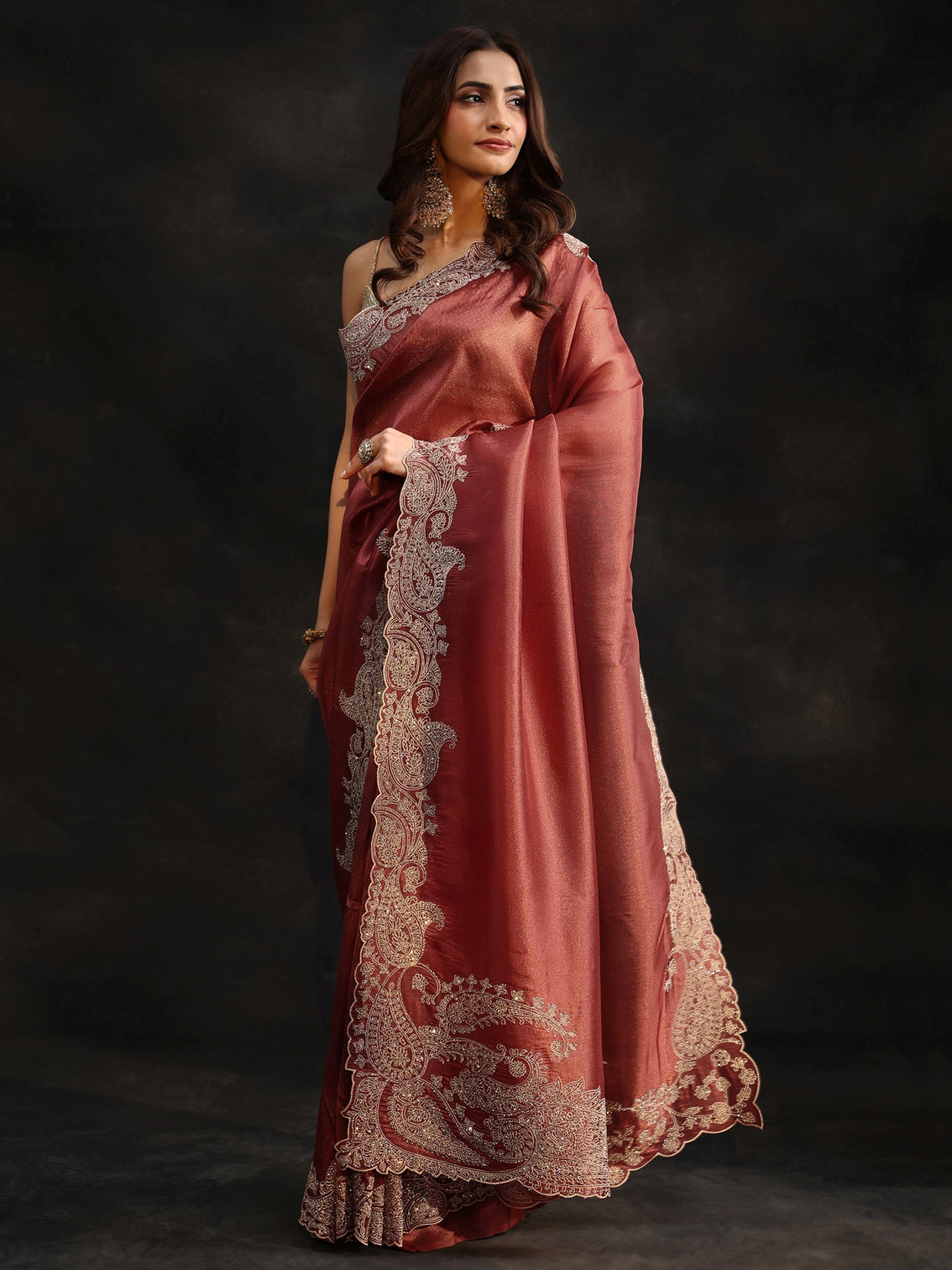 Mameraa Art Dusty Rose Pink Net Saree with Paisley Border