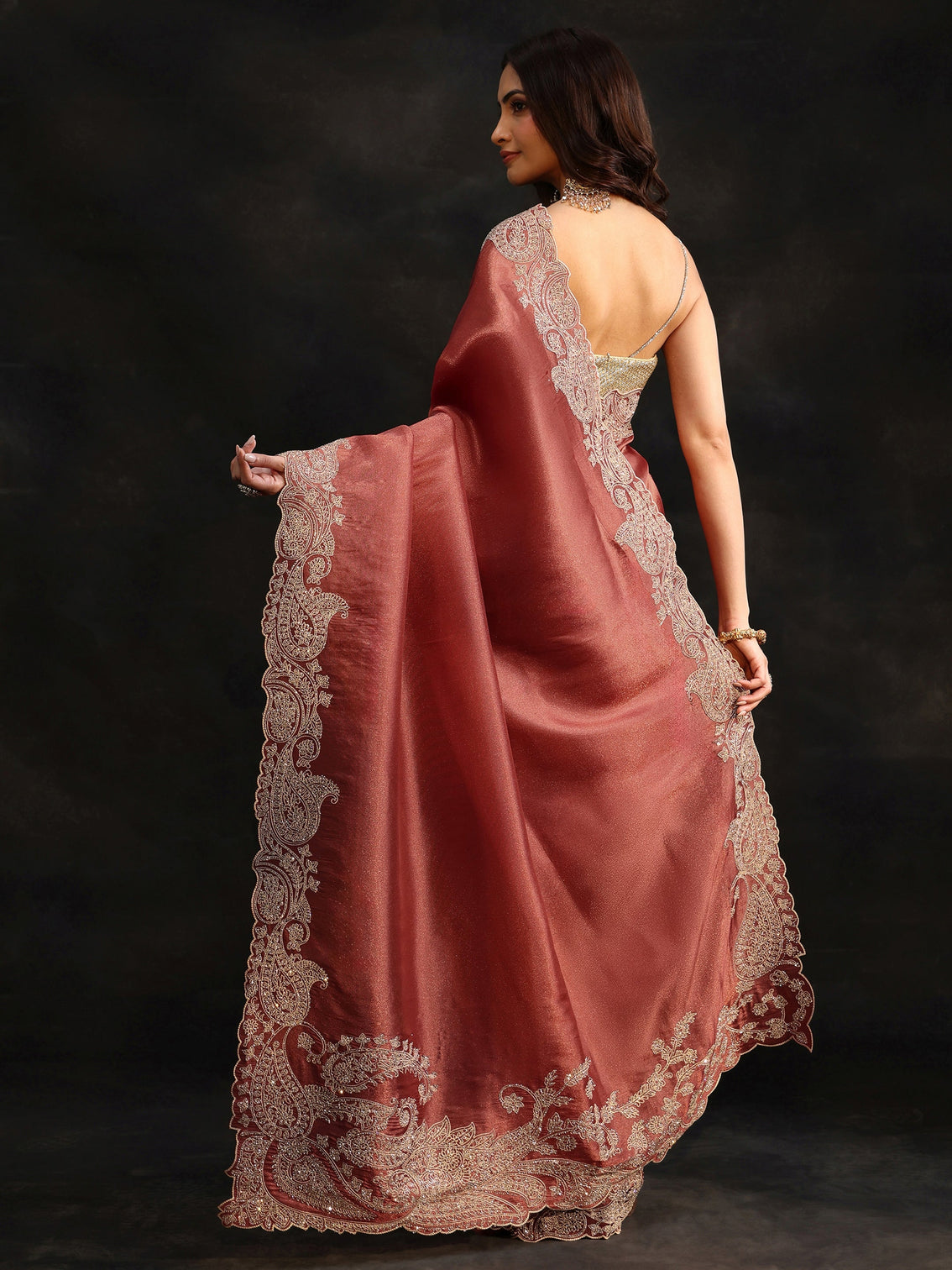 Mameraa Art Dusty Rose Pink Net Saree with Paisley Border