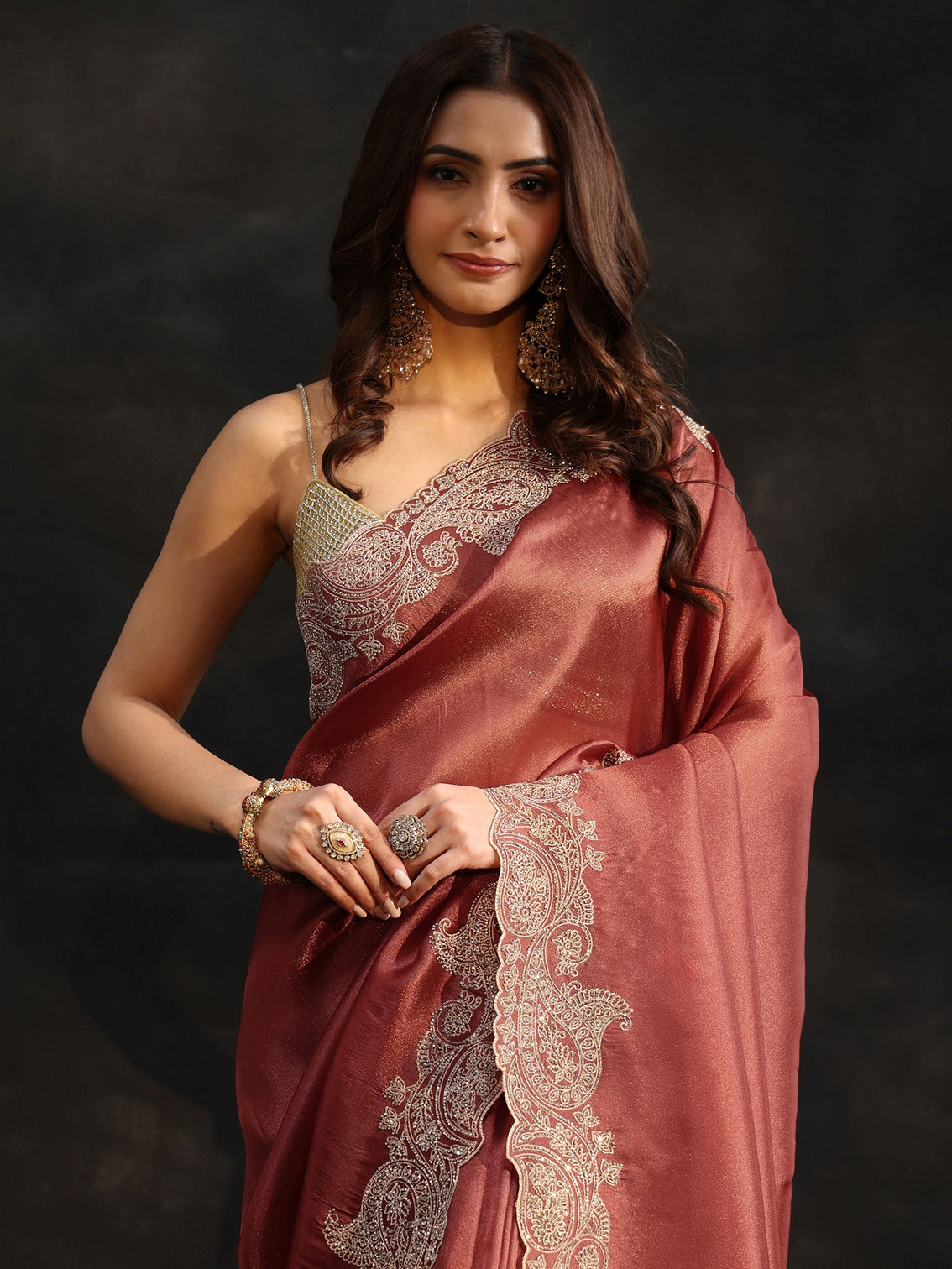Mameraa Art Dusty Rose Pink Net Saree with Paisley Border