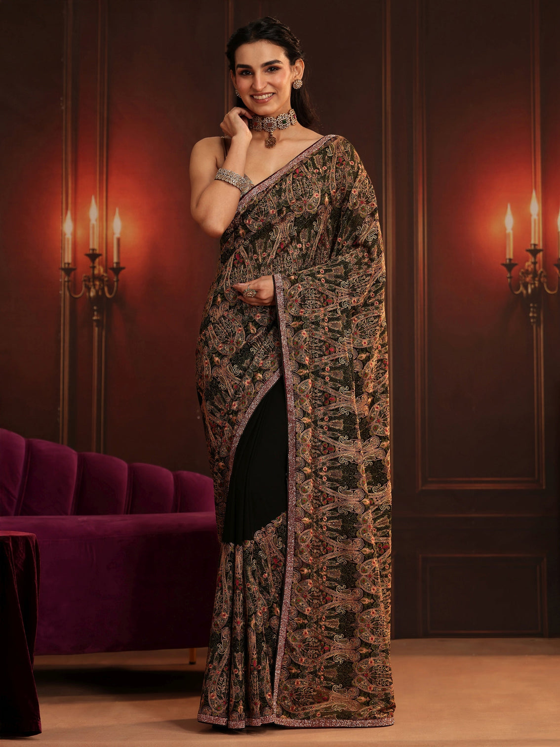Mameraa Art Black Paisley Embellished Georgette Saree