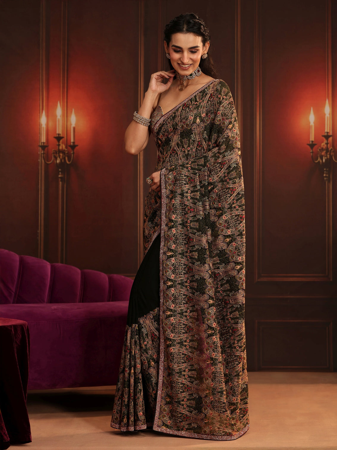 Mameraa Art Black Paisley Embellished Georgette Saree