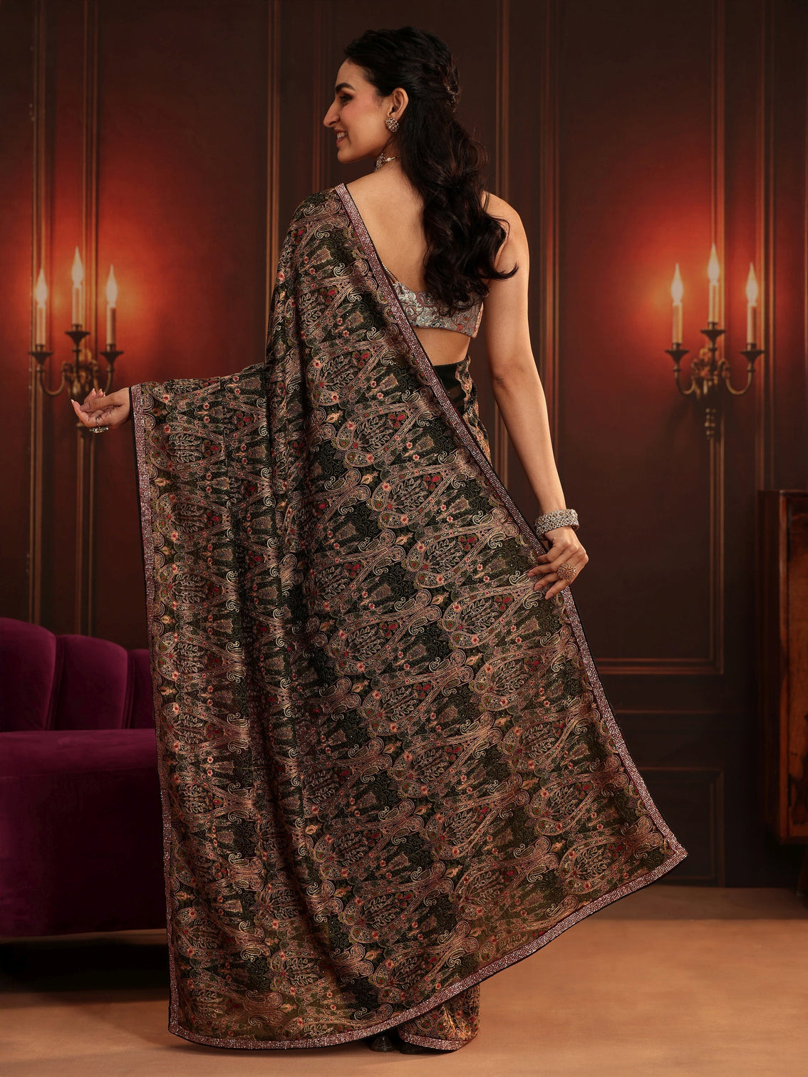 Mameraa Art Black Paisley Embellished Georgette Saree