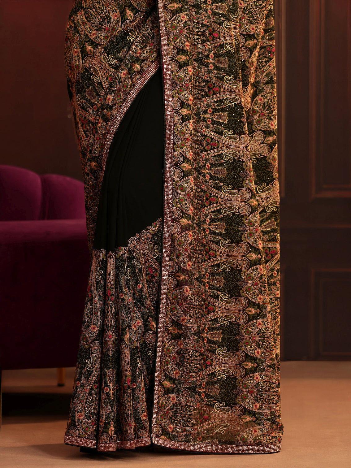 Mameraa Art Black Paisley Embellished Georgette Saree