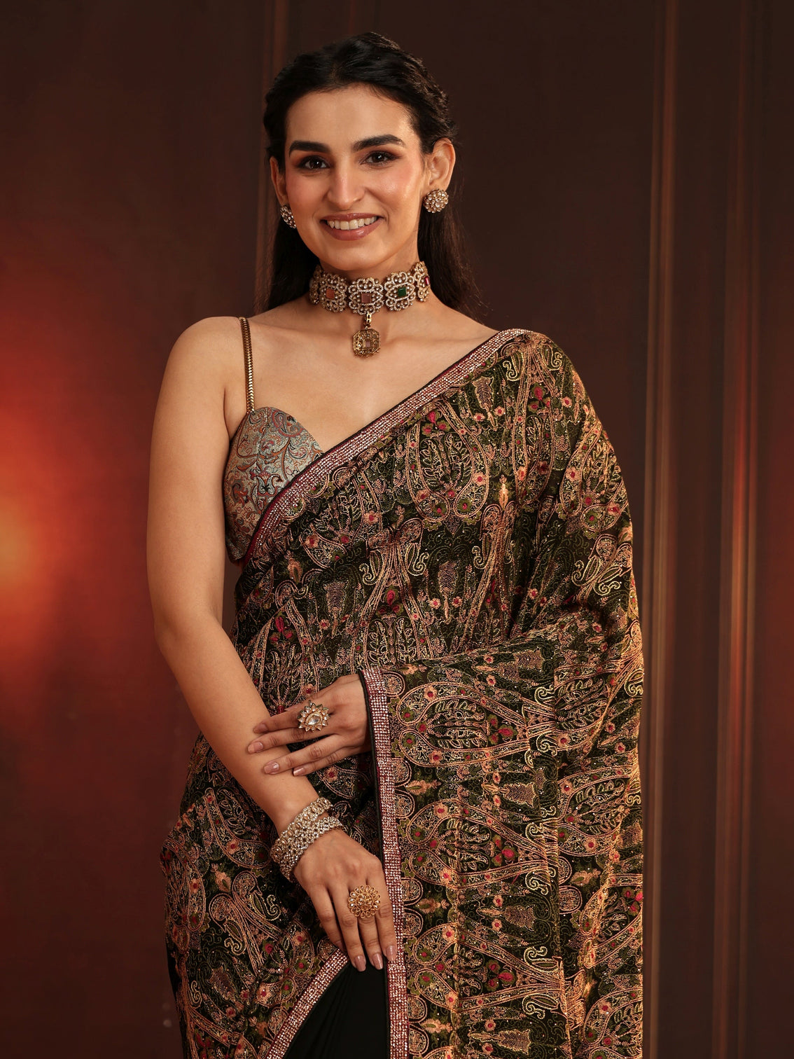 Mameraa Art Black Paisley Embellished Georgette Saree