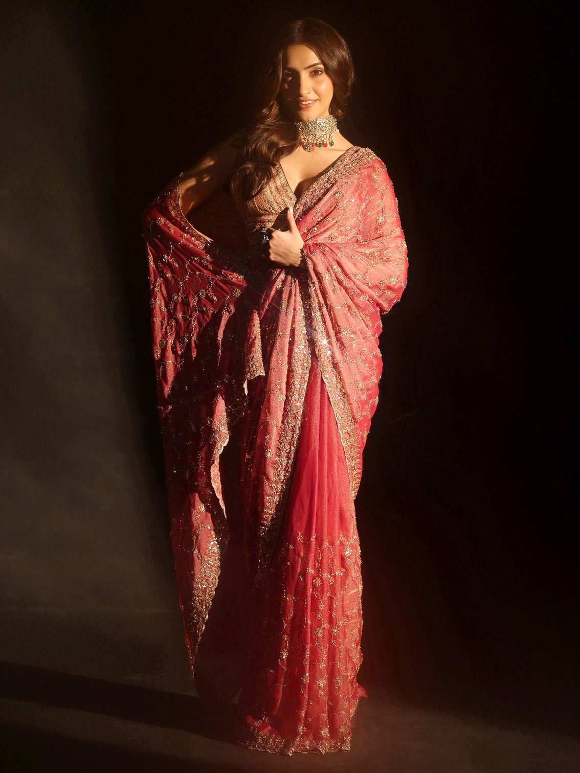 Mameraa Art Rose Pink Sequins Embellished Tissue Saree