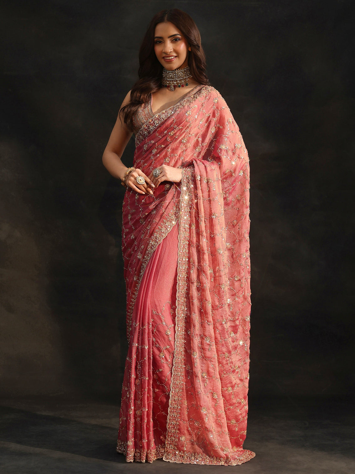Mameraa Art Rose Pink Sequins Embellished Tissue Saree