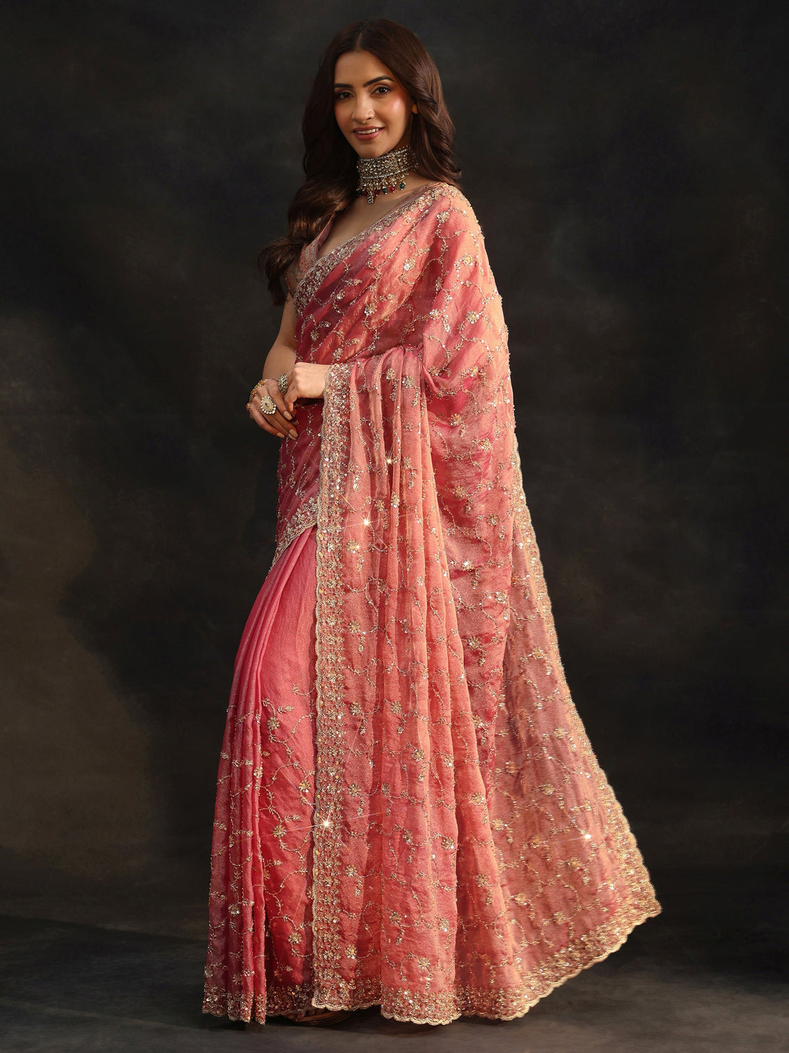 Mameraa Art Rose Pink Sequins Embellished Tissue Saree
