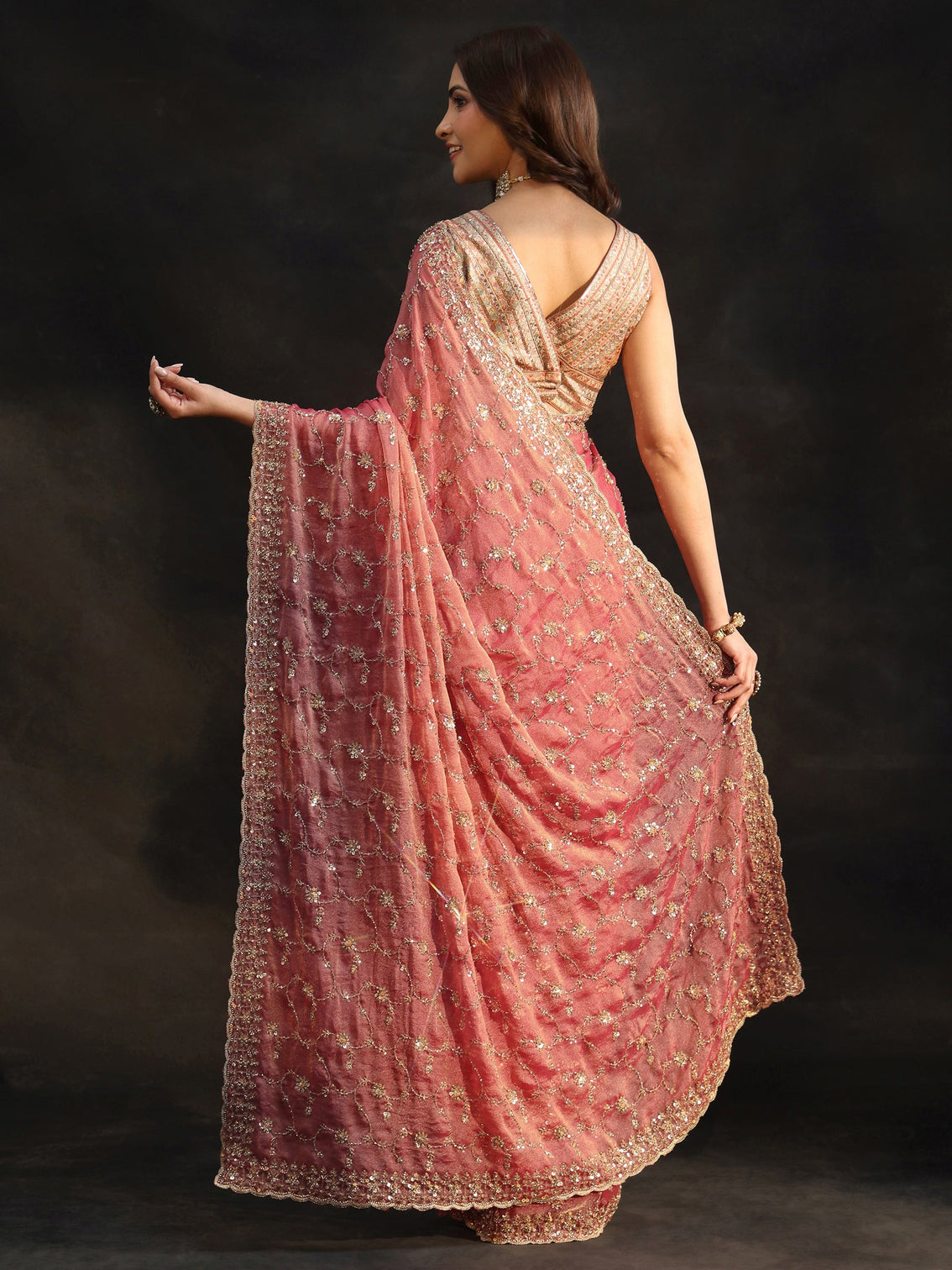 Mameraa Art Rose Pink Sequins Embellished Tissue Saree