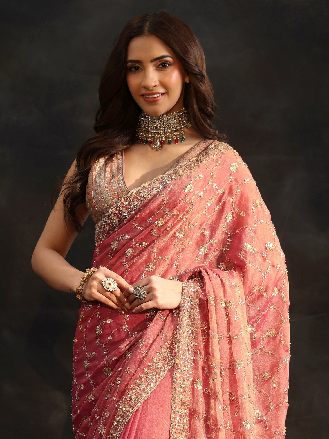 Mameraa Art Rose Pink Sequins Embellished Tissue Saree