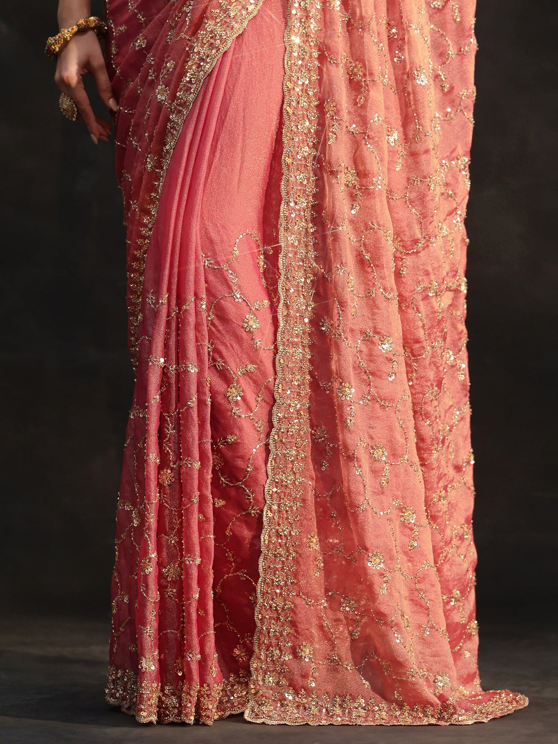 Mameraa Art Rose Pink Sequins Embellished Tissue Saree