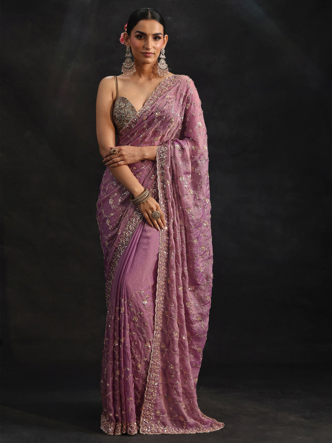 Mameraa Art Dusty Lavender Sequins Embellished Tissue Saree