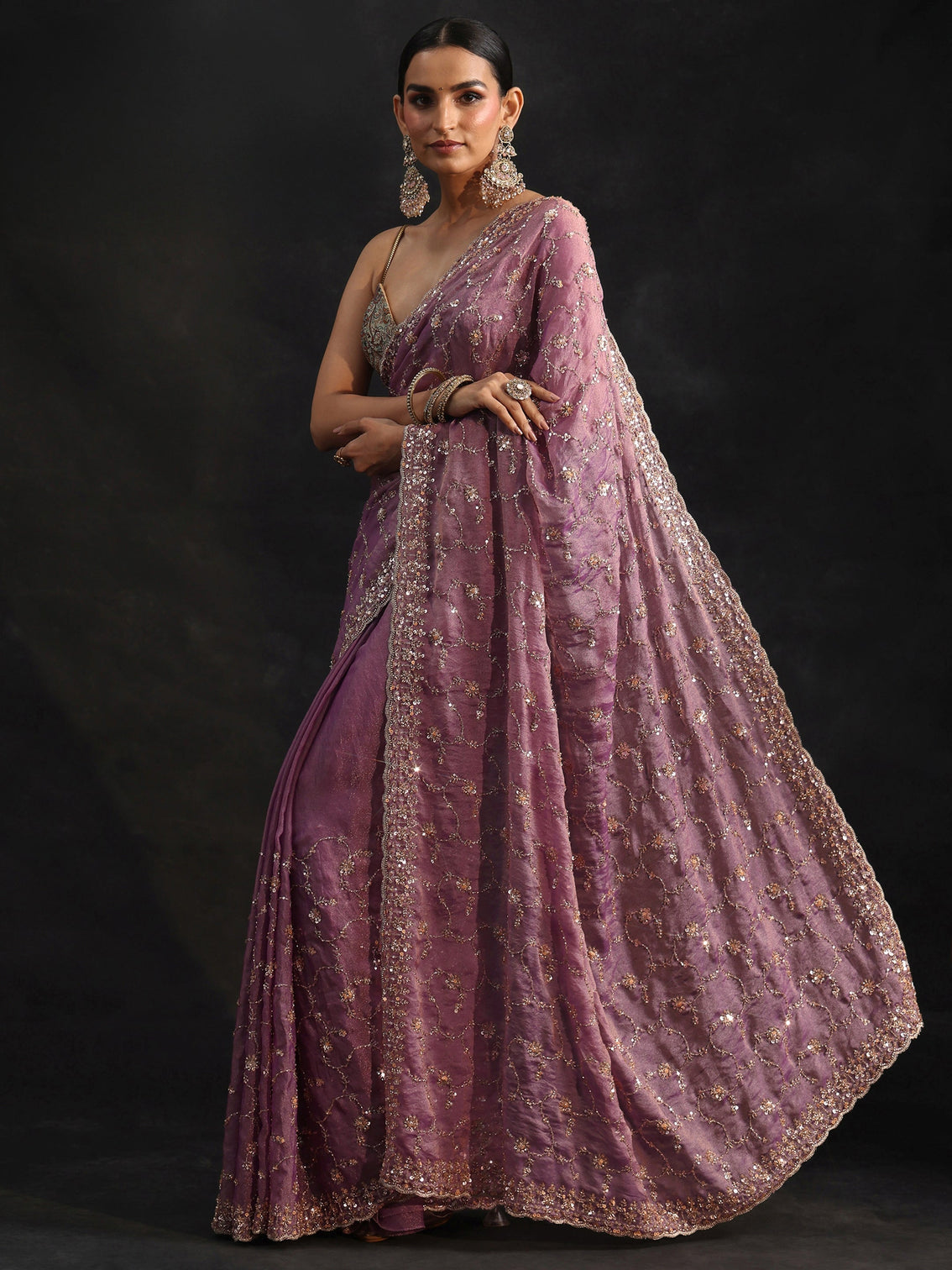 Mameraa Art Dusty Lavender Sequins Embellished Tissue Saree